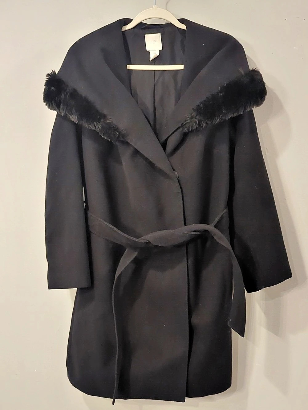 H&M Black Faux Fur Collar Trench Coat Size Large Belted